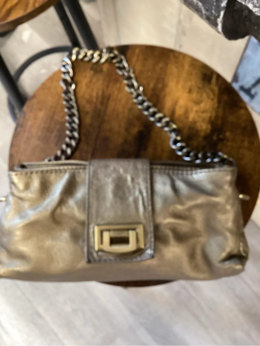 Lesa Wallace Metallic Pewter Leather Chain Shoulder Bag Clutch